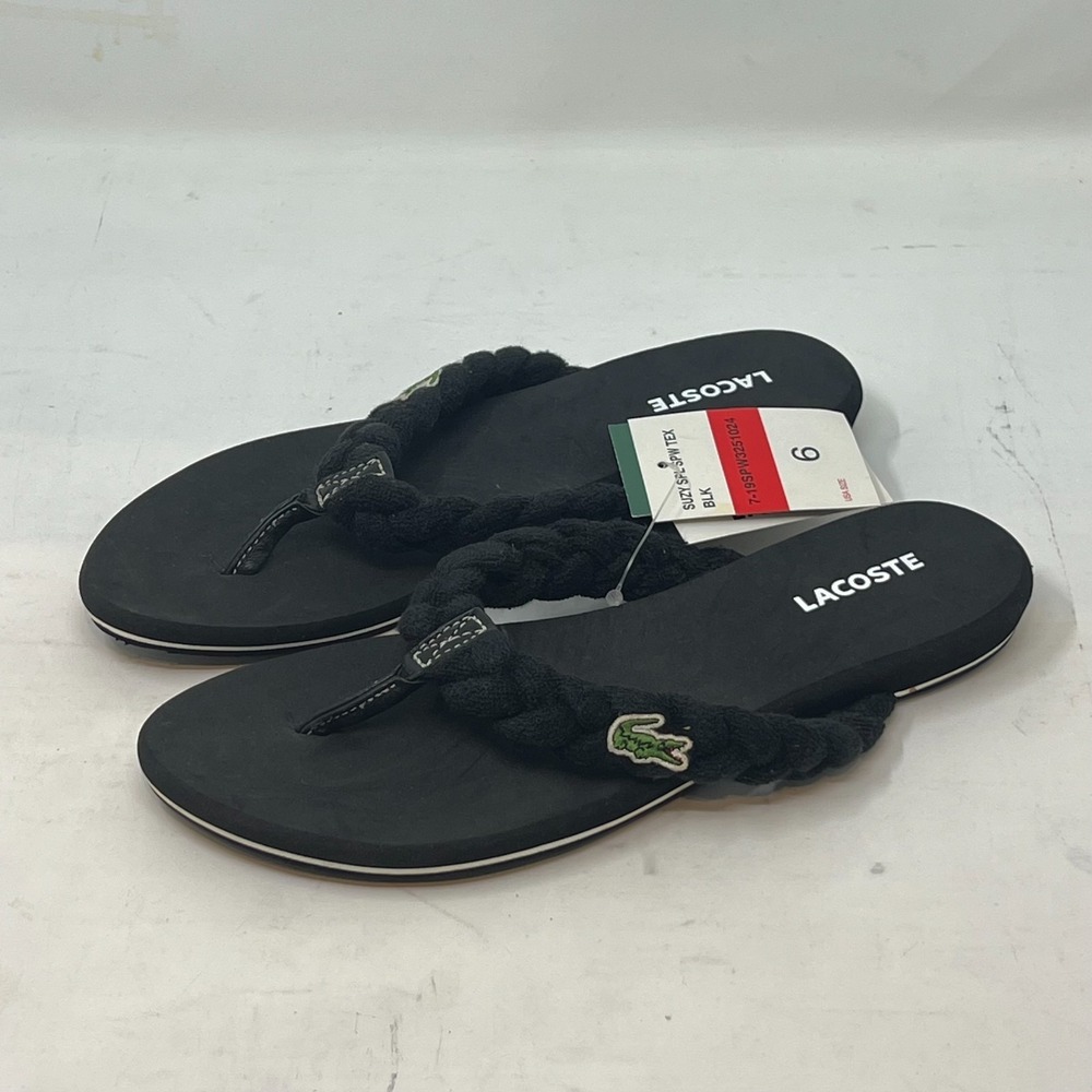 Lacoste Flip Flop Beach Sandals Black‎ with Logo Women's US Size 6 VTG NEW